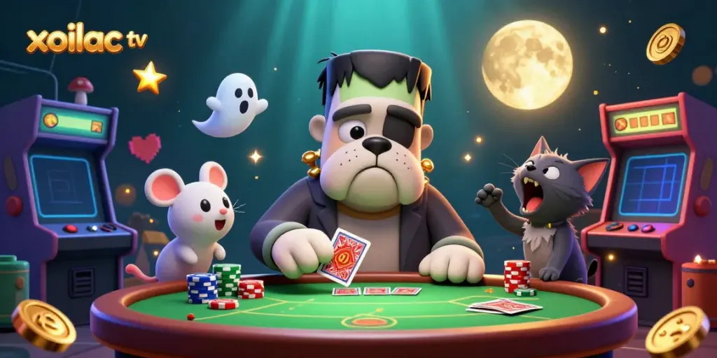 Experience the thrill of betting with xoilac tv in a vibrant poker scene featuring a 3D monster dealer.