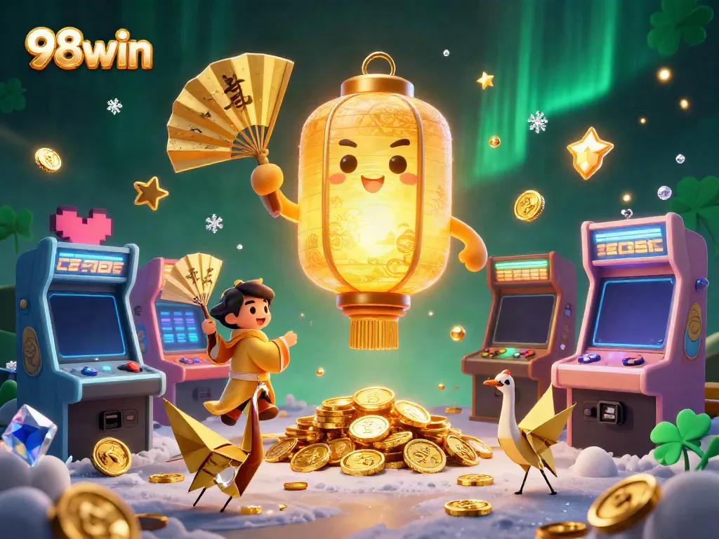 Win big with 98win at the vibrant online casino featuring a golden lantern spirit and exciting arcade elements.
