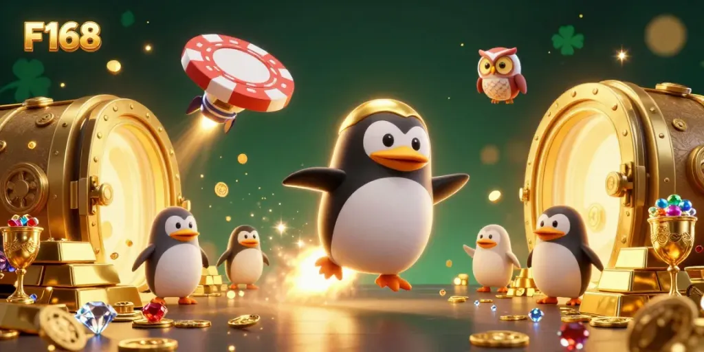 Experience F168's thrilling universe as a golden penguin rockets through space to a magnificent casino.