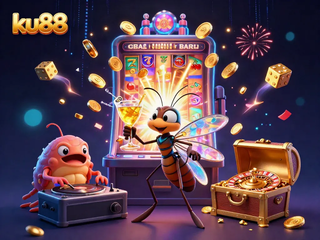 Engage with ku88's vibrant casino illustration showcasing dynamic game elements and energetic characters.