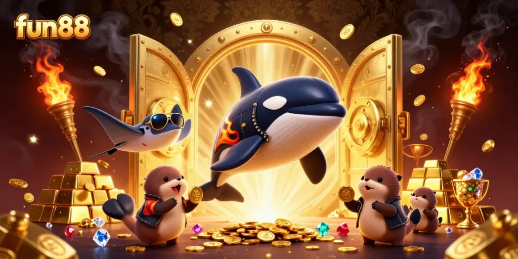 Experience the fun88 thrill as playful sea creatures celebrate with gold and jewels in a vibrant casino scene.