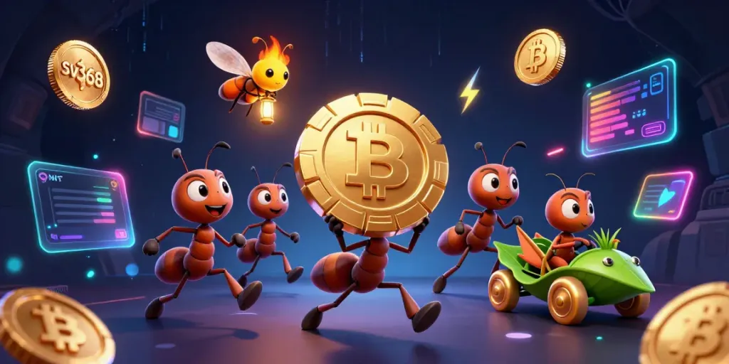 Engage in thrilling gaming at sv368 while 3D cartoon ants carry a giant poker chip in a vibrant casino backdrop.