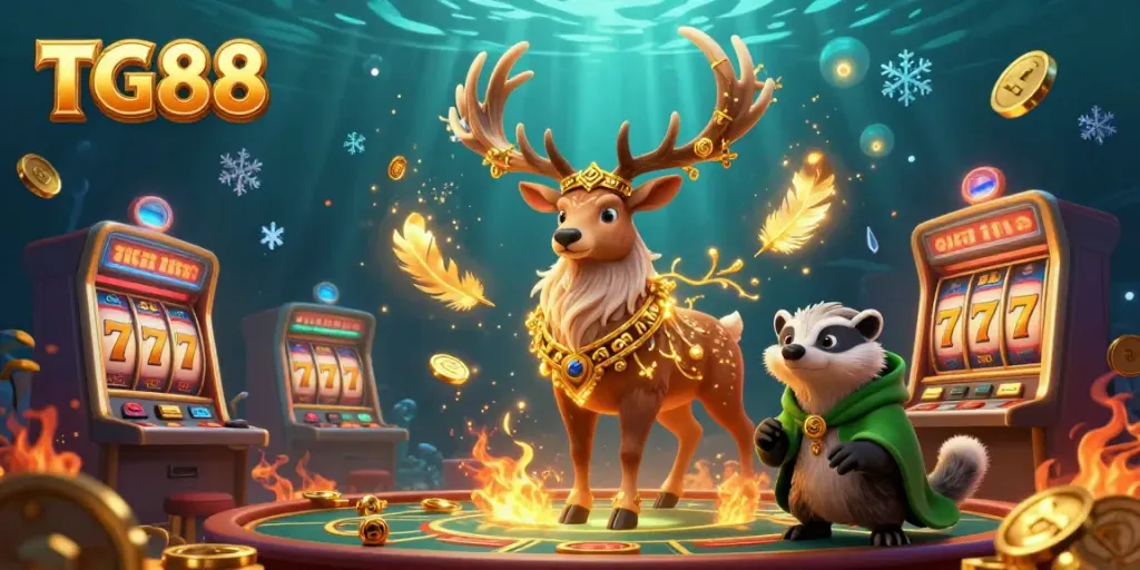 Engage with TG88's thrilling casino scene featuring lucky slot reels and enchanted forest elements.