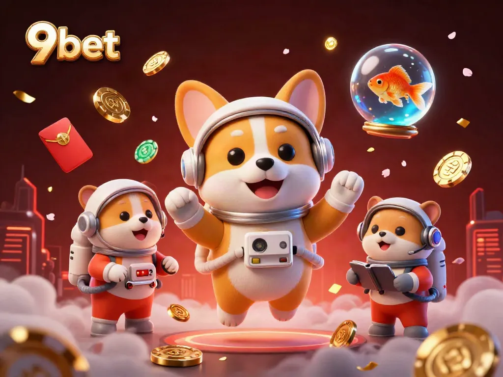 Experience the dynamic gaming culture of 9bet with floating coins and characters in a lively casino.
