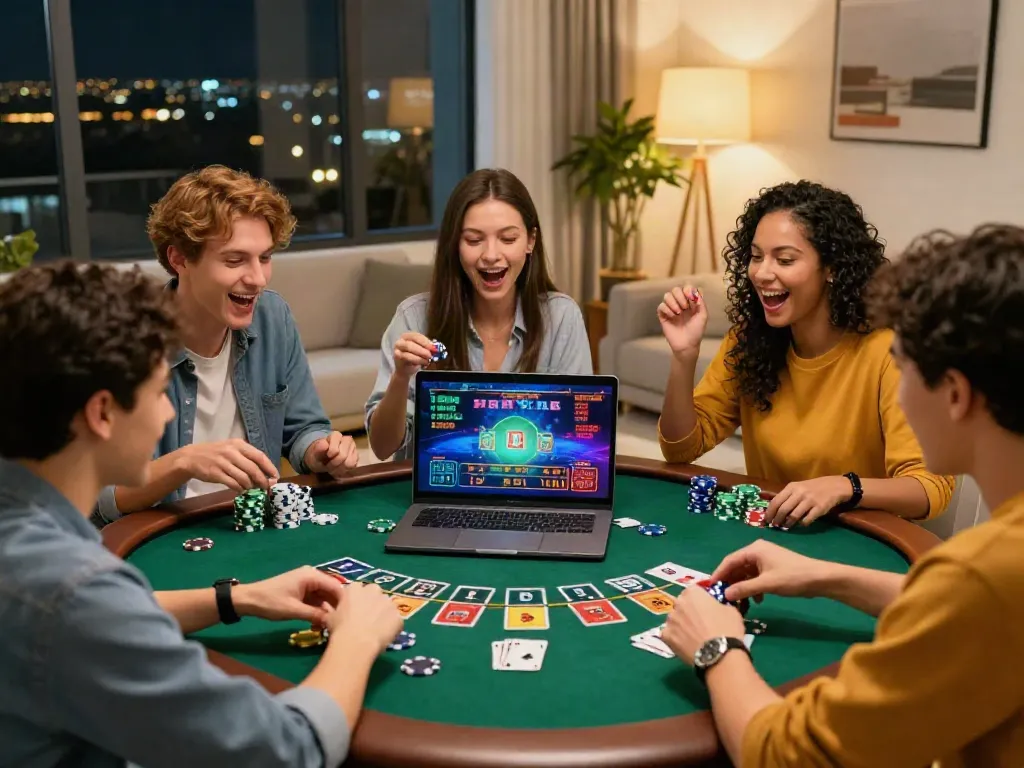 Friends enjoying blackjack en ligne in a cozy living room setting, showcasing excitement and engagement.