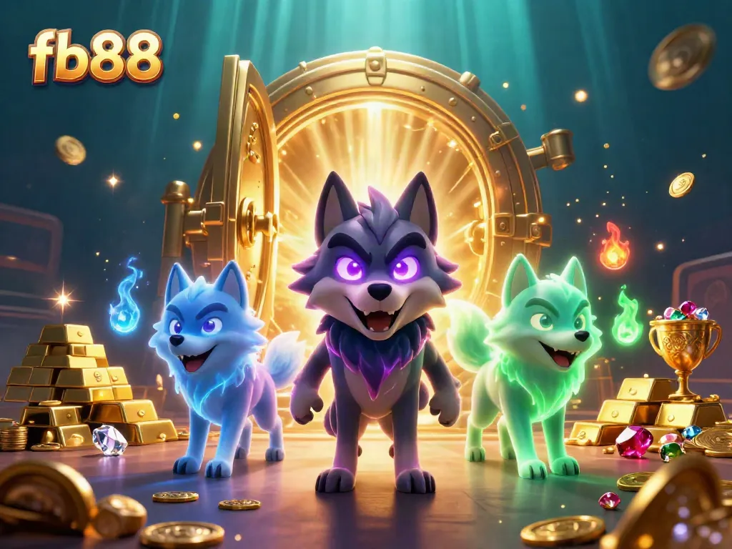 Win big with fb88, featuring stunning 3D wolves in a vibrant casino atmosphere.