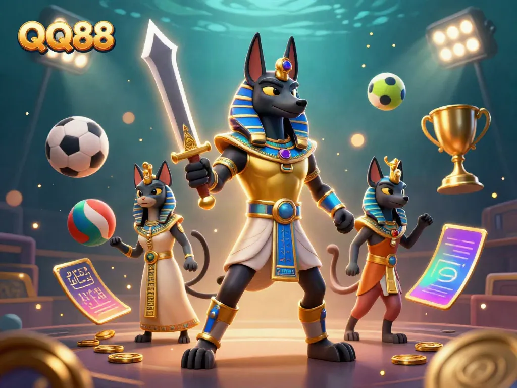 Bet on excitement with QQ88 as an ancient Egyptian warrior Anubis wields his golden sword among dynamic sports symbols.