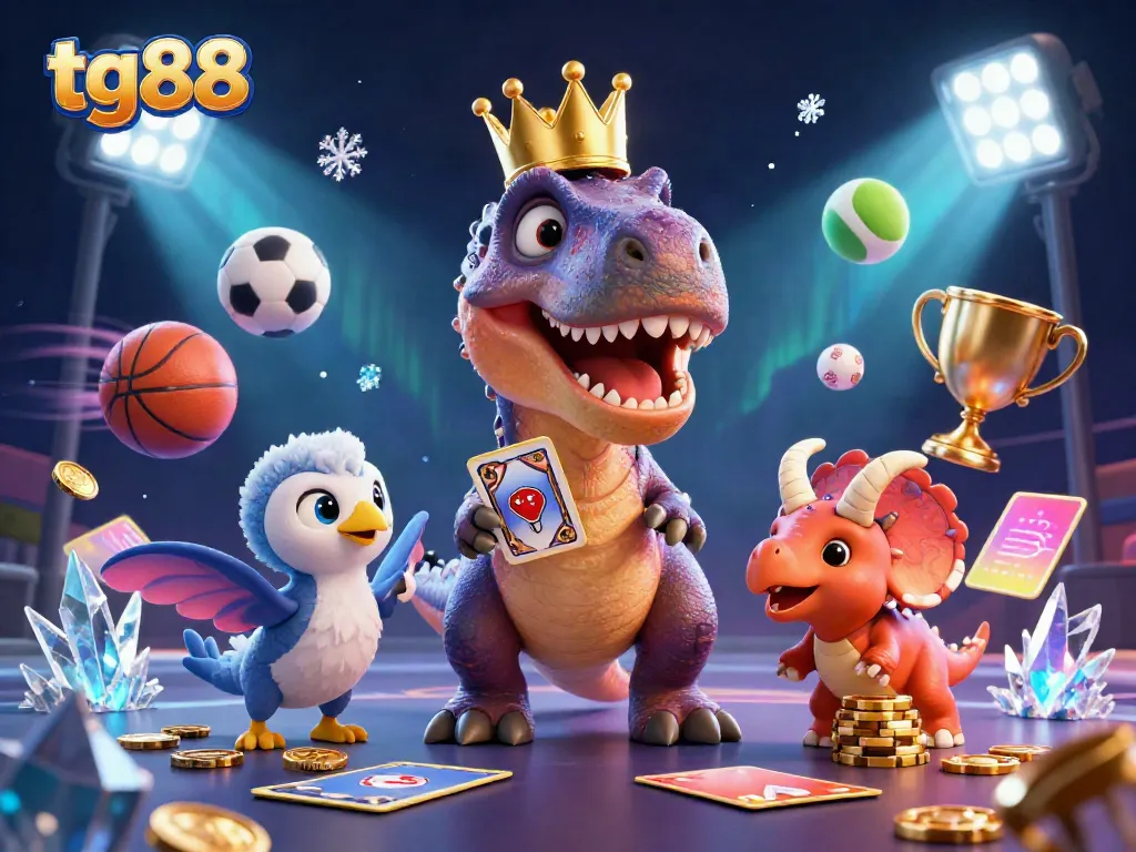 Engaging casino imagery featuring tg88 logo with cartoon dinosaurs playing cards and stacking chips.