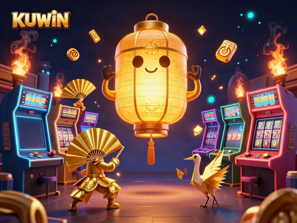 Experience the excitement of KUWIN with vibrant 3D characters and casino elements in a dynamic scene.