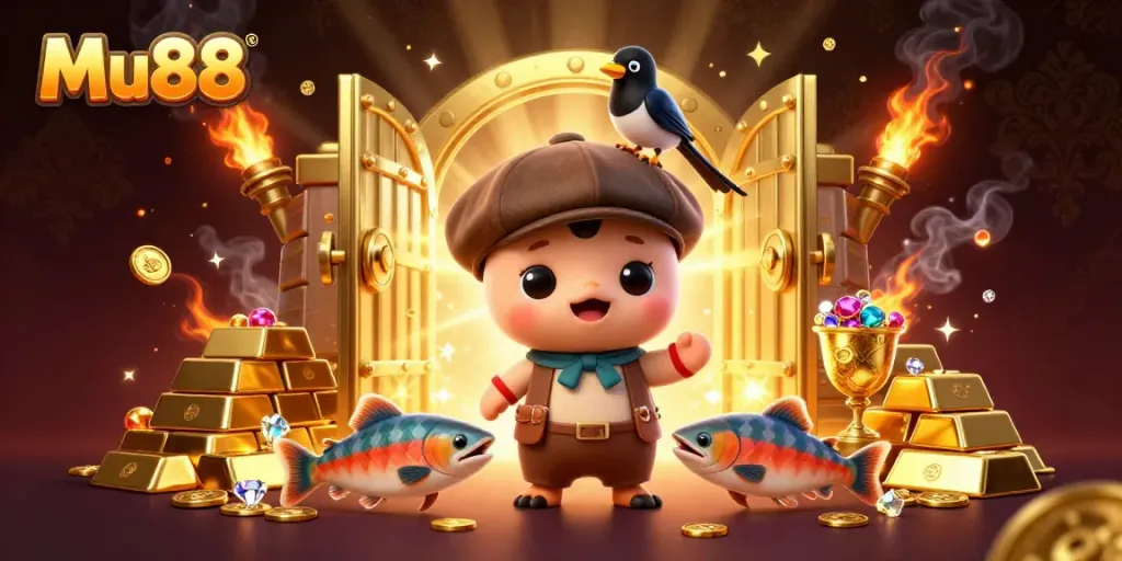Mu88 features a dynamic, fun-filled illustration with characters and treasures, depicting online casino excitement.