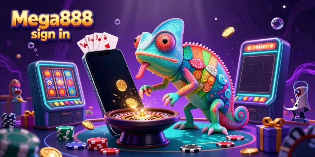 Engage with Mega888 sign in in an enticing casino scene featuring vibrant characters and elements.
