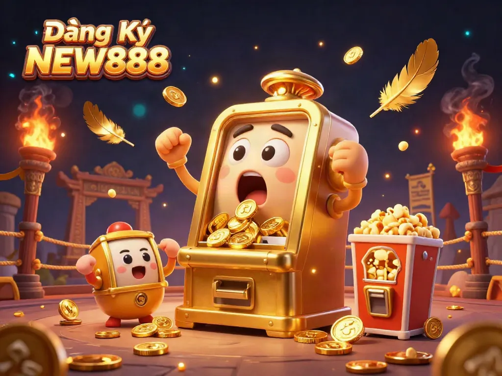 Experience the excitement of Đăng Ký NEW888 with a joyful golden slot machine hitting a jackpot in this vibrant casino scene.