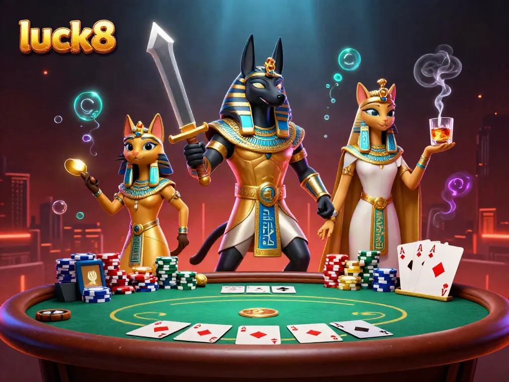 Engage with luck8 featuring Anubis and Bastet at a vibrant poker table in a dynamic casino setting.