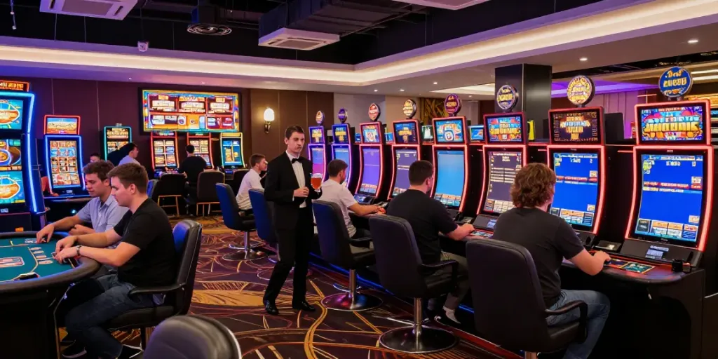 Players enjoying various games at a modern NET88 casino, illuminated by vibrant neon lights.
