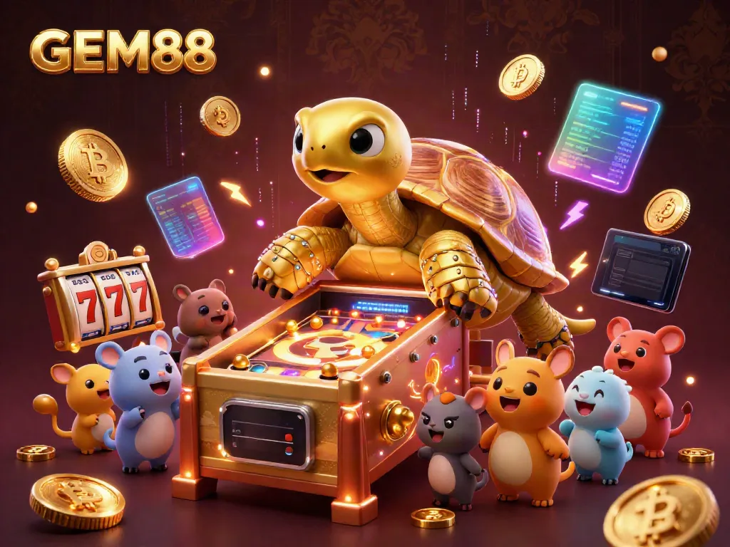 Experience exciting jackpots at GEM88 with a vibrant gaming scene showcasing a golden tortoise pinball machine.