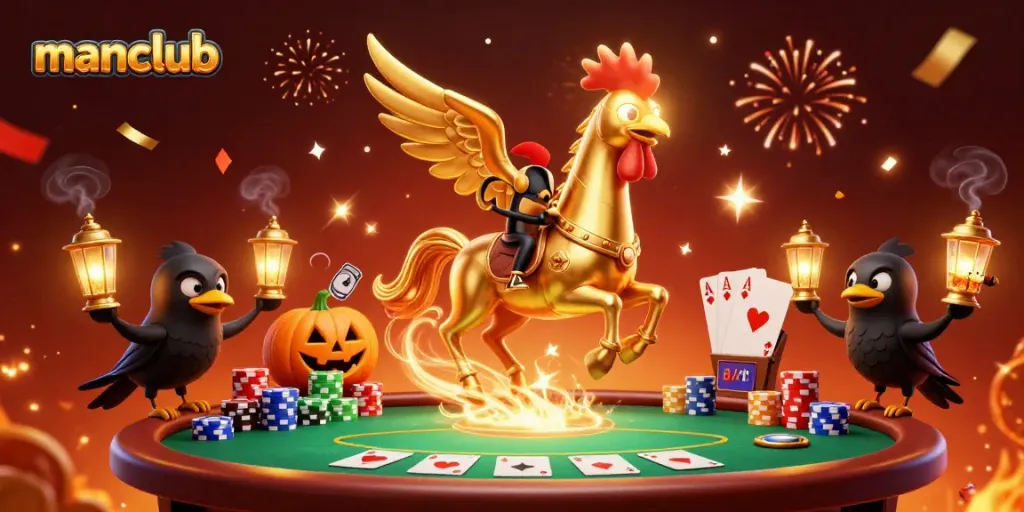 Engage with manclub's vibrant casino scene featuring a golden rooster and poker elements.