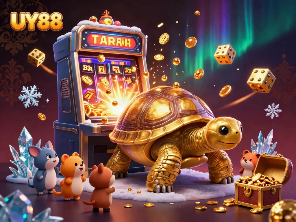 Spin big wins with UY88, featuring a fun pinball-playing tortoise and lively casino elements.
