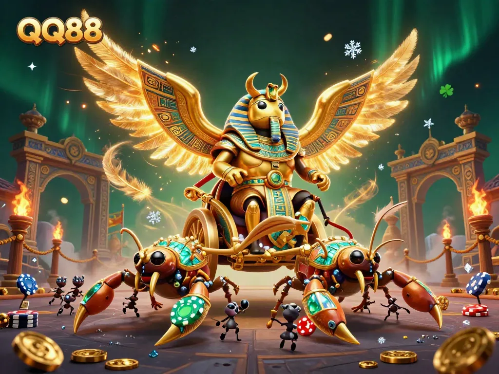 Engage with QQ88's thrilling gaming world featuring a colossal scarab beetle and dynamic casino elements.