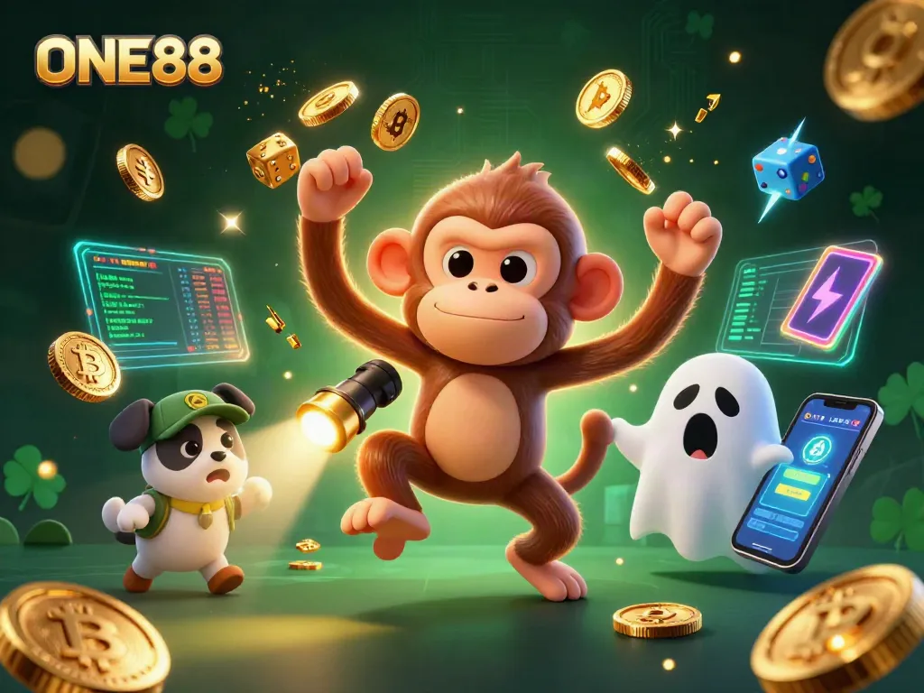 Engage with ONE88 in this dynamic 3D casino scene featuring a ghost-hunter puppy and a mischievous monkey.