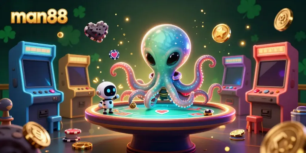 The alien octopus from another galaxy engages in poker at man88’s vibrant casino scene, featuring holographic elements and gaming machines.