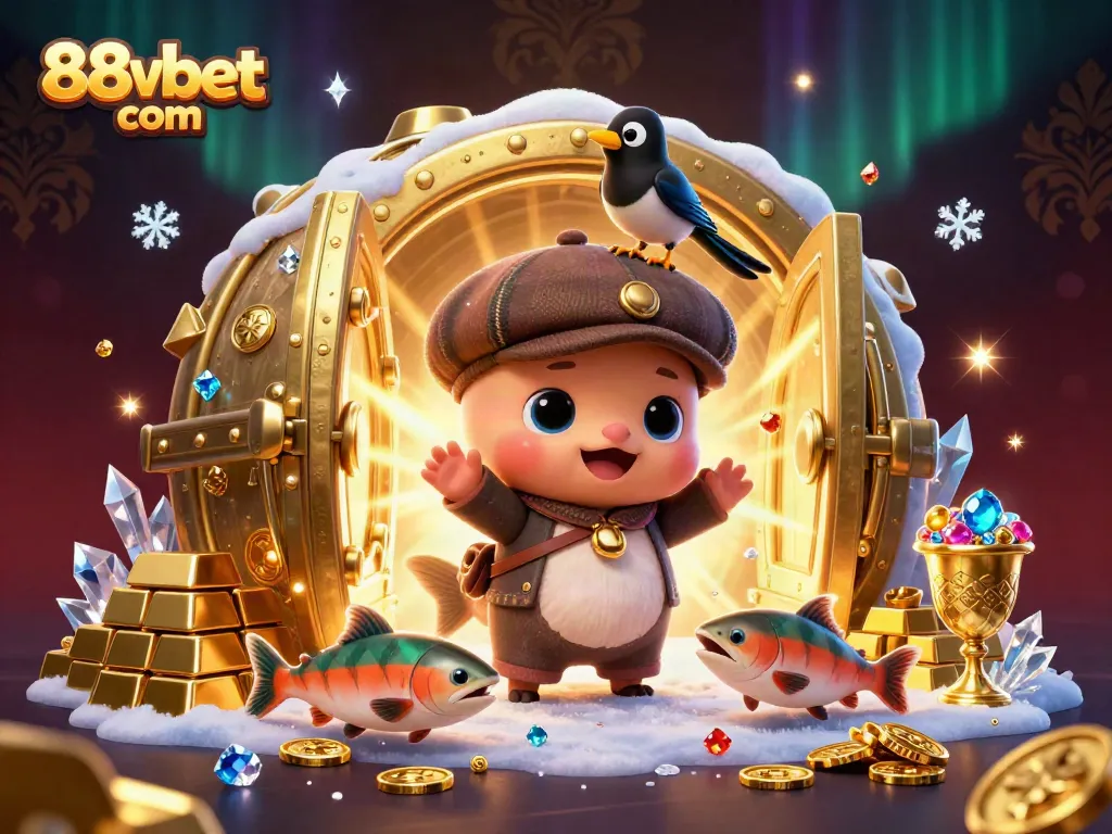 Experience excitement at 88vbet com with 3D cartoon characters and a treasure-filled casino scene.