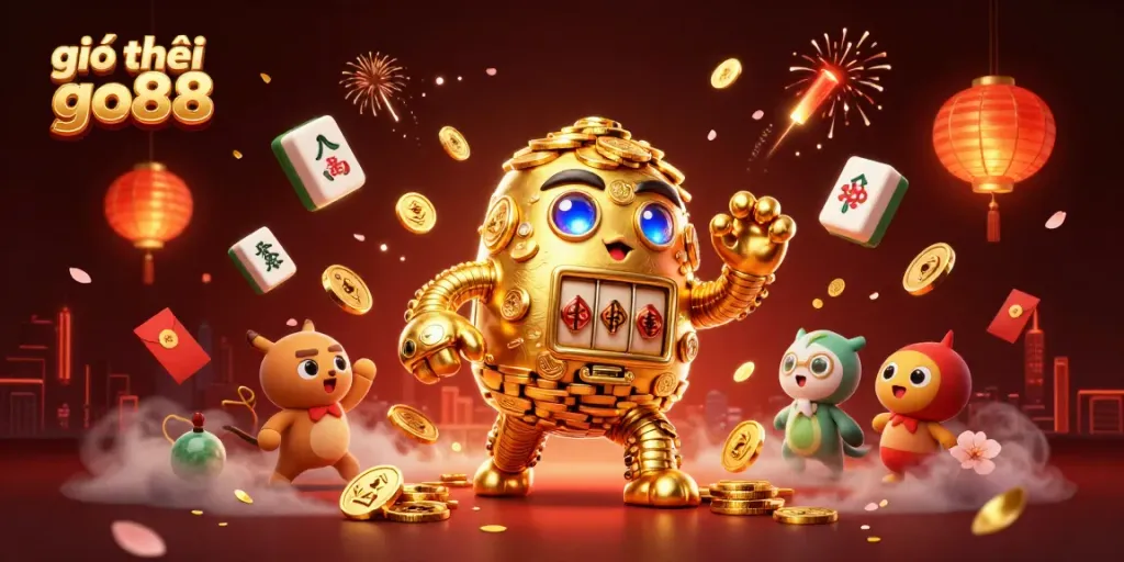 Experience the excitement of giới thiệu go88 with a vibrant 3D illustration of a golden golem surrounded by casino elements.