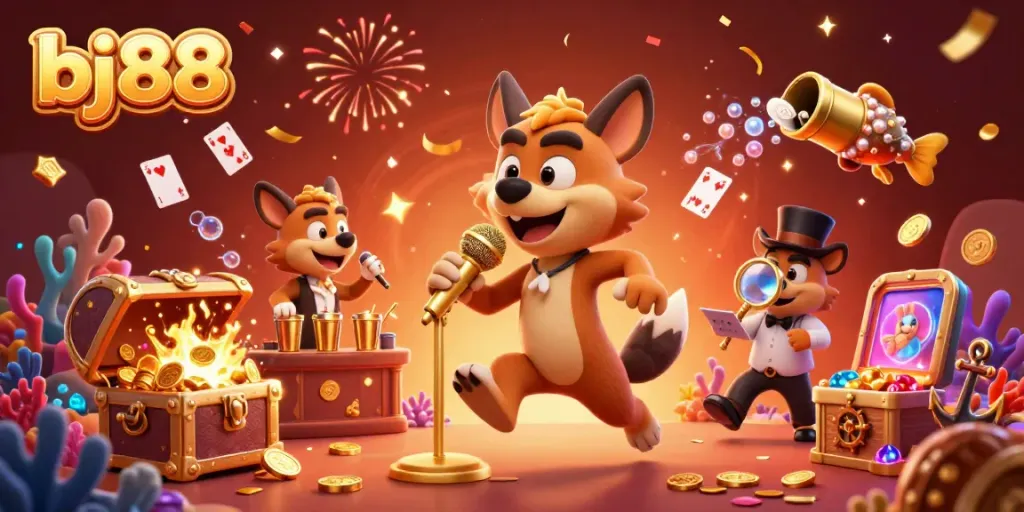 Join the fun at BJ88 with hyenas entertaining as comedians in a lively casino scene.