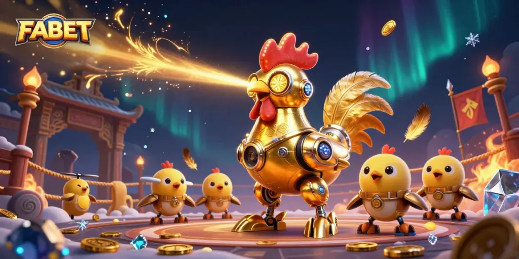 FABET enhances the gaming experience with its vibrant golden rooster robot in a dazzling betting arena.
