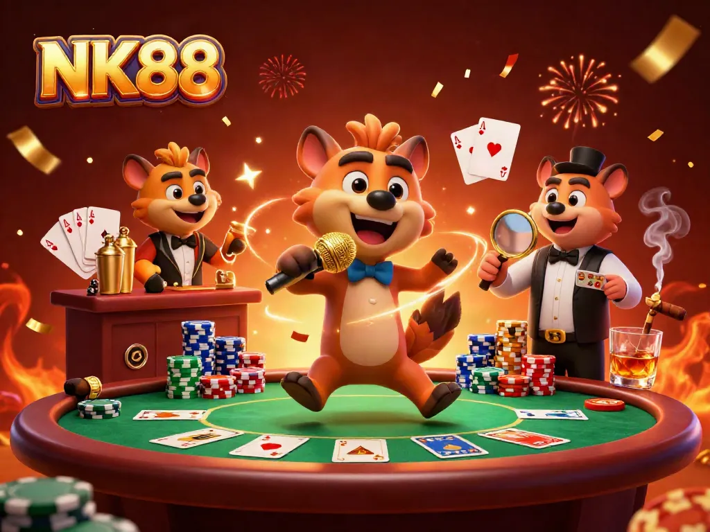 NK88 hyenas depict a vibrant, energetic casino scene with poker and drinks.