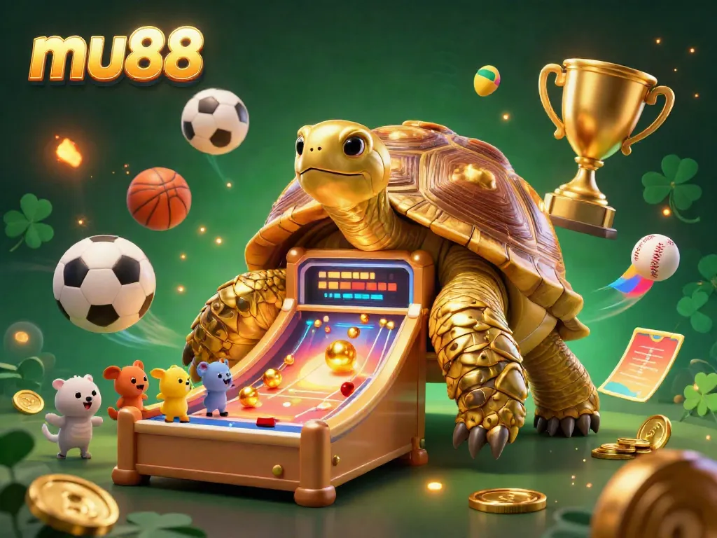 Join the excitement at mu88 with a dynamic scene showcasing a golden tortoise pinball machine amid sports elements.