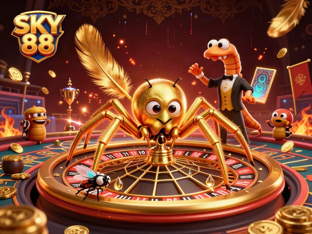 SKY 88 offers thrilling bets with a golden spider and centipede croupier in a packed casino scene.