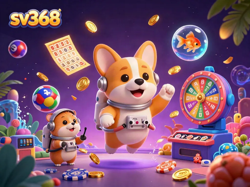 Engage in thrilling games at sv368 with a cartoon corgi astronaut amidst floating casino elements.