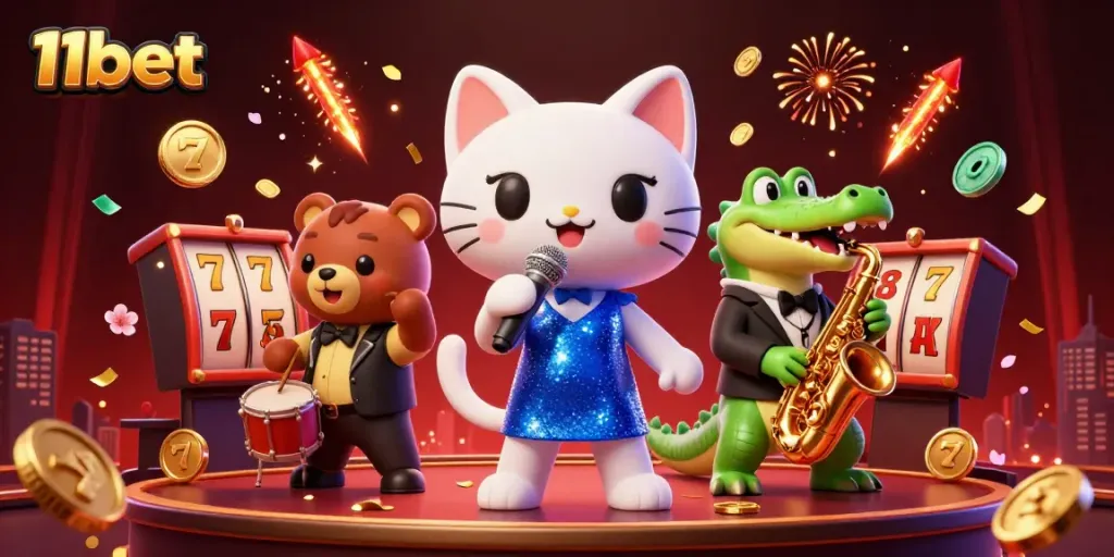 Join the vibrant world of 11bet with animated characters enjoying exciting casino games.