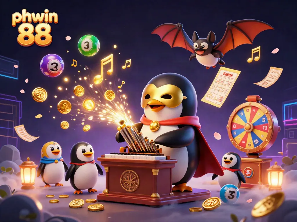 Experience the thrilling gameplay of phwin 88 with golden coins cascading from the organ amidst colorful lottery elements.