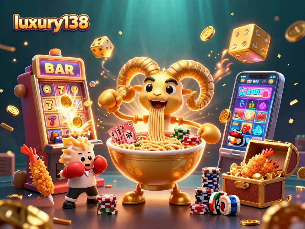Engage with luxury138's vibrant casino scene showcasing a golden ramen bowl dealer amidst a jackpot frenzy.