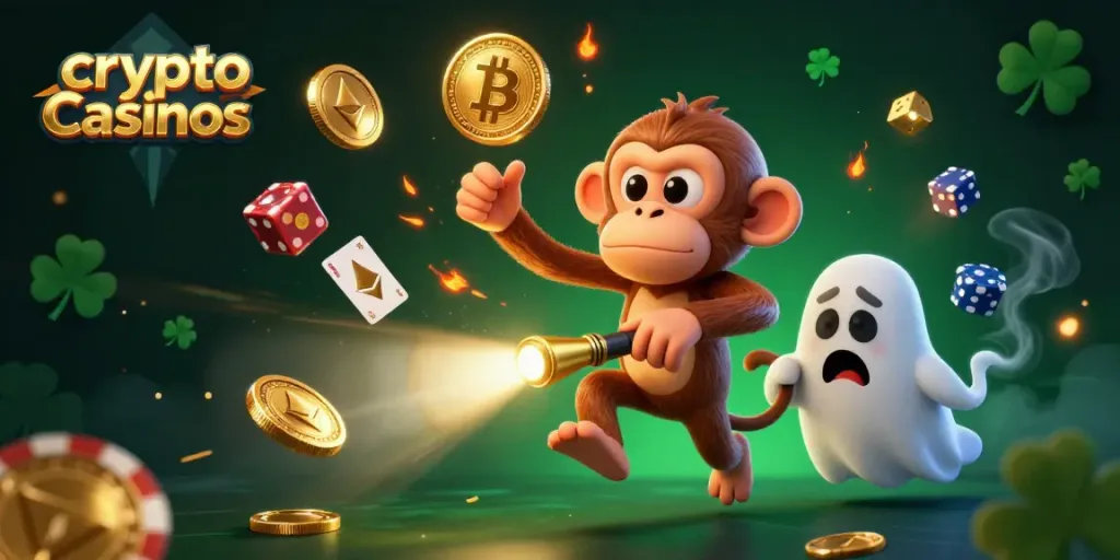 Experience the excitement of crypto casinos with a playful poltergeist monkey and a puppy in a vibrant scene.