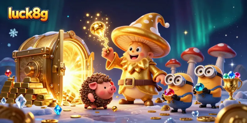 Experience luck8g's magic with a vibrant scene showcasing a golden wizard and treasure amidst sparkling gems.