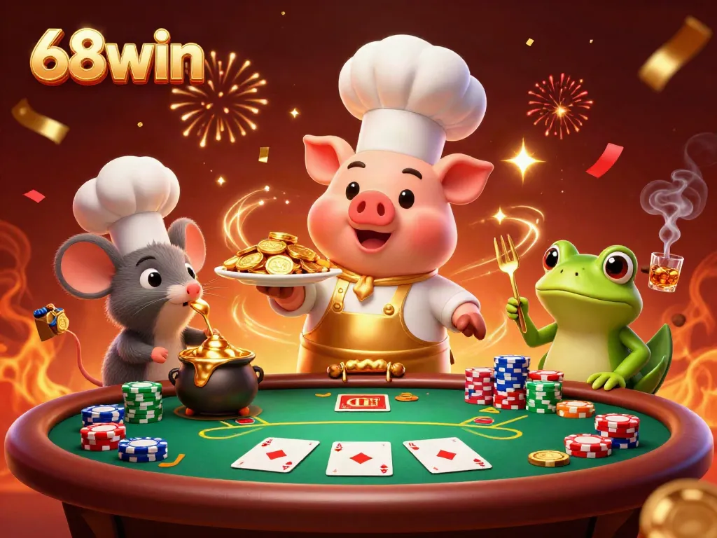 Experience winning thrills with 68win's vibrant 3D casino illustration featuring a chef pig serving gold coins.