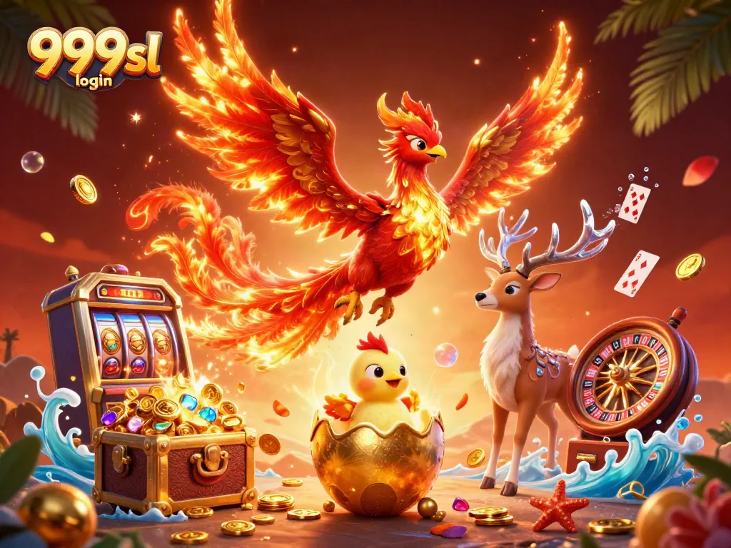 Experience the thrilling world of 999sl login as a phoenix soars amidst coins, cards, and games.