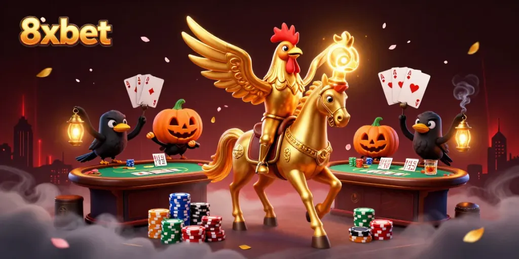 Engage with 8xbet's thrilling casino scene featuring a golden rooster and vibrant gaming elements.