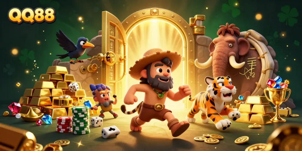 Engage with QQ88 in an exciting prehistoric casino adventure featuring a caveman duo and treasures.