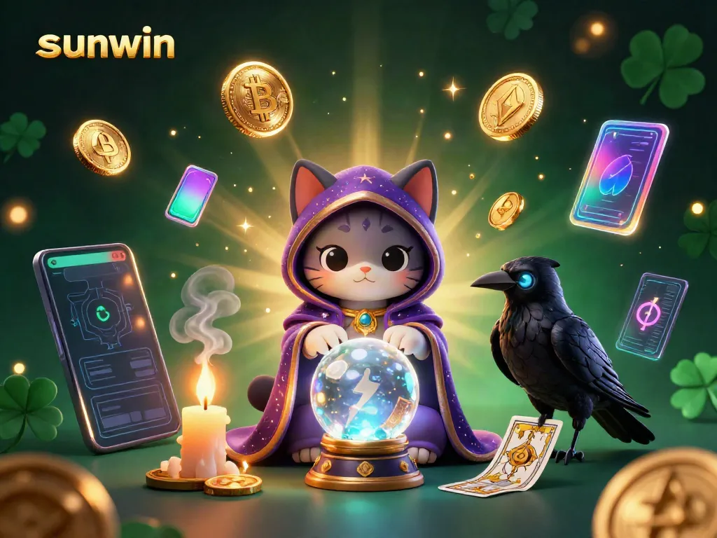 Play games with sunwin's dynamic 3D mystical scene featuring a fortune teller cat and tarot raven.