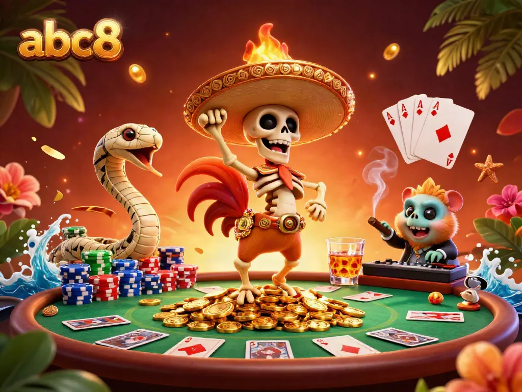 Experience the excitement at abc8 with a mariachi rooster dancing on coins among vibrant poker elements.