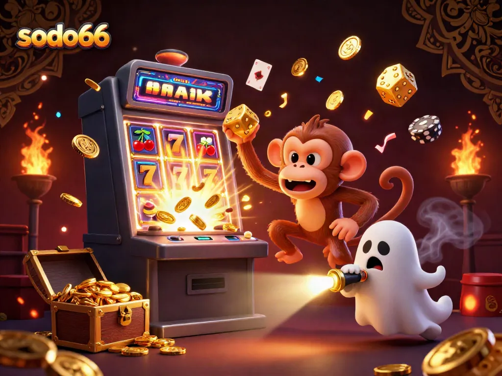Experience thrilling excitement with sodo66 in this vibrant haunted casino scene filled with coins and games.