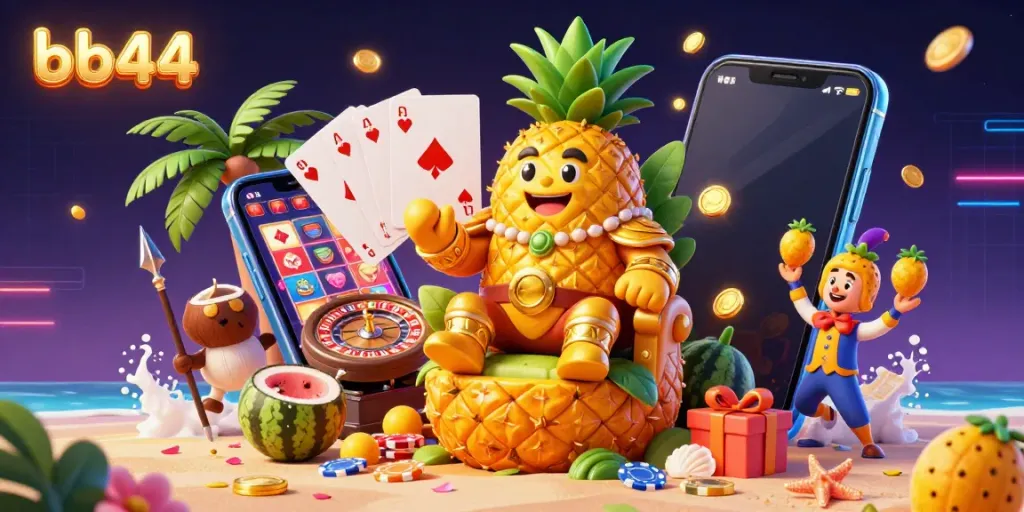 Play on the vibrant bb44 casino scene with a golden pineapple king and thrilling gaming elements