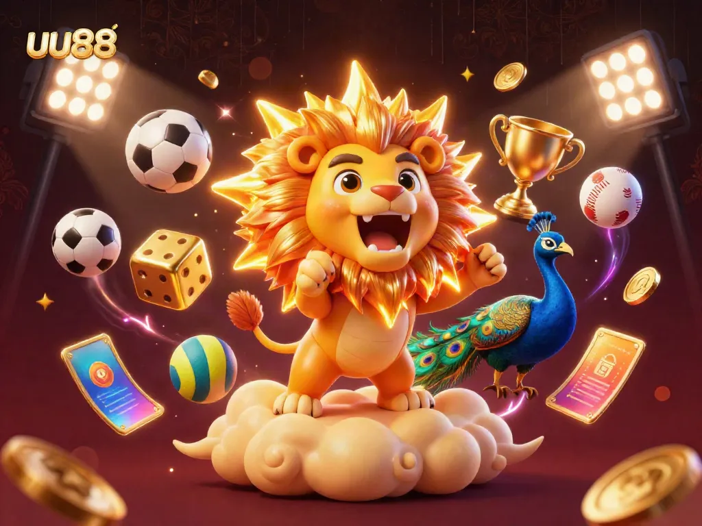 Engage in thrilling gameplay at uu88 with a vibrant 3D illustration showcasing casino elements and dynamic sports action.