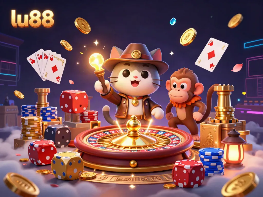 Experience thrilling gaming with lu88's captivating 3D illustration of a cat archaeologist discovering a casino artifact.