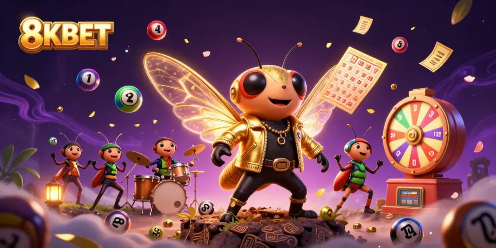 Experience exciting gaming action at 8KBET with vibrant lottery elements and a lively rock star scene.