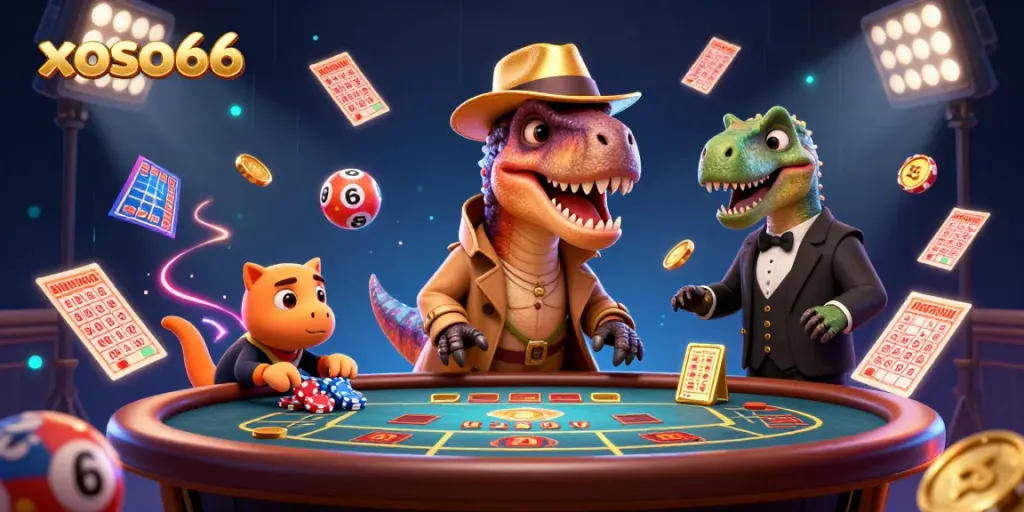 Experience thrilling gameplay with xoso66's interactive lottery scene featuring cartoon dinosaurs.