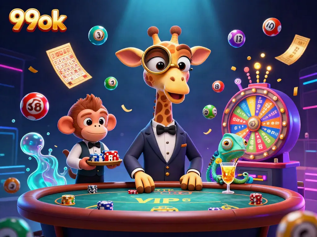 Experience vibrant gaming with 99ok's animated characters, dazzling elements, and engaging casino vibes.